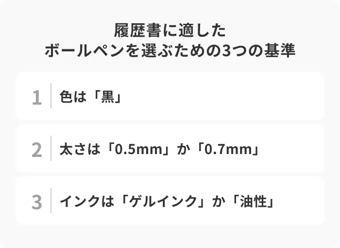履歴書に適したボールペンを選ぶための3つの基準のイメージ