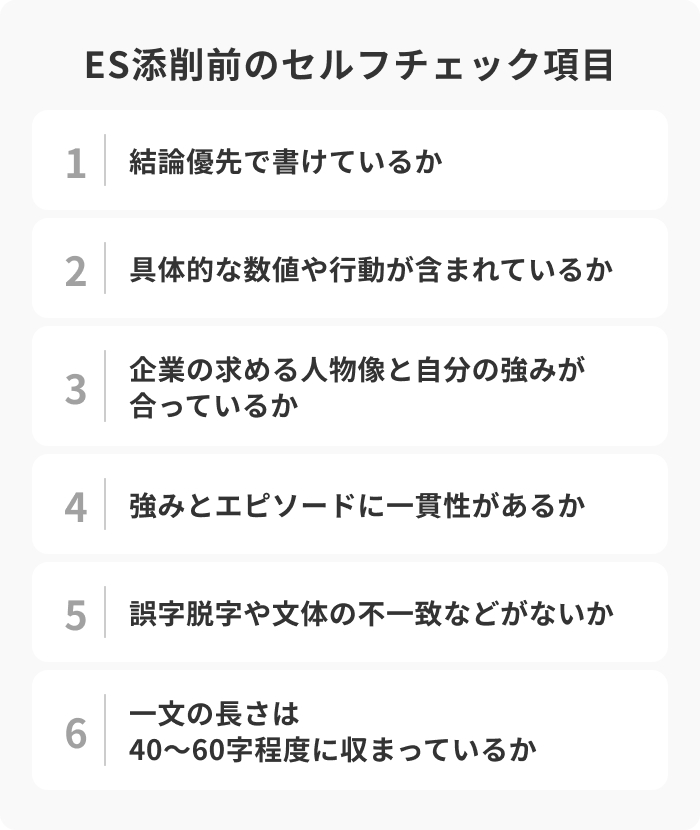 ES添削前にやるべきセルフチェック6項目のイメージ