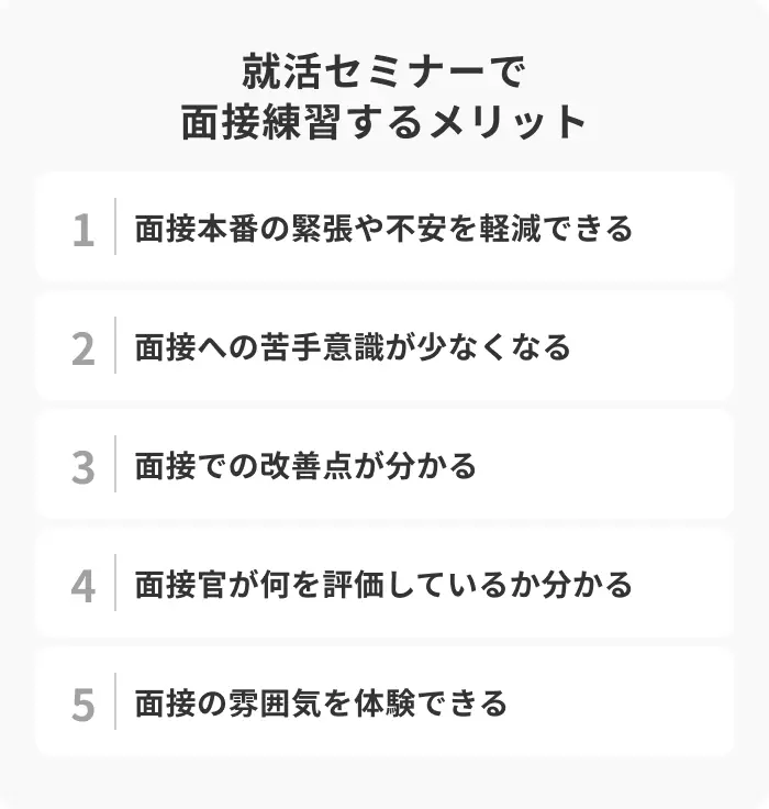 就活セミナーで面接練習する5つのメリットのイメージ