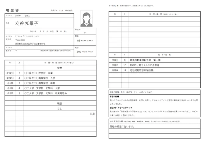 【項目別】インターン用履歴書の書き方のイメージ