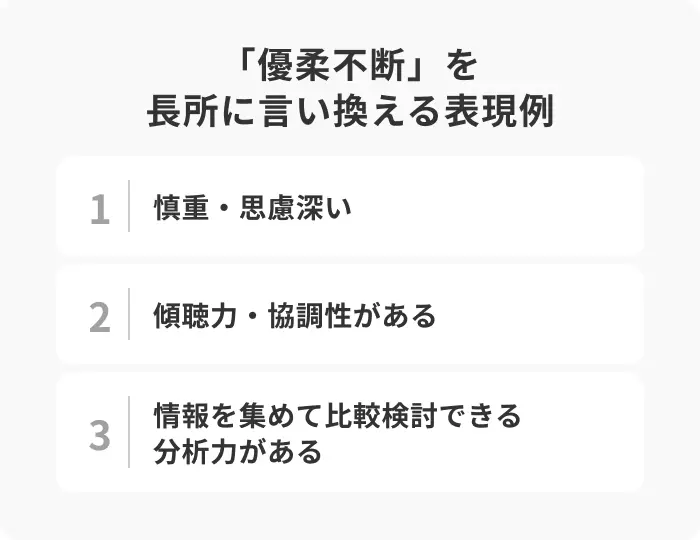 「優柔不断」を長所に言い換える表現例のイメージ