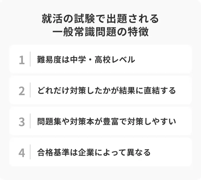 就活の試験で出題される一般常識問題の特徴4選のイメージ