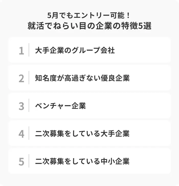 5月でもエントリー可能！就活でねらい目の企業の特徴5選のイメージ